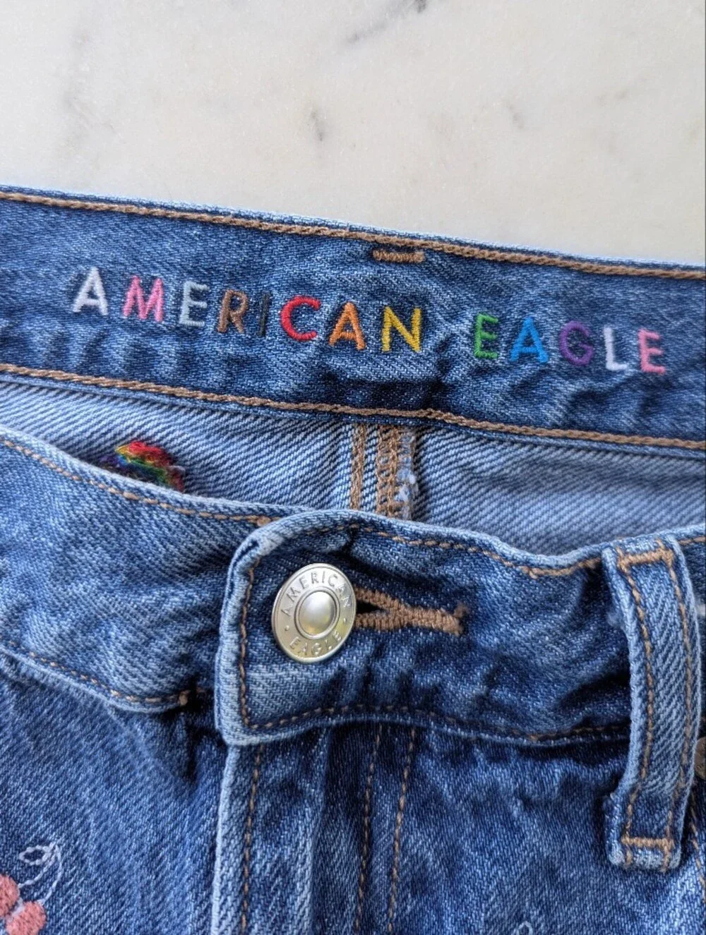 American Eagle 90's Boyfriend Embroidered Rainbow Denim Shorts